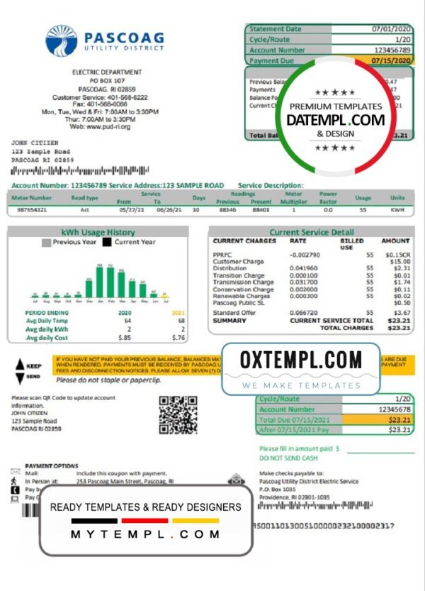 USA Rhode Island Pascoag Utility District utility bill template in Word and PDF format