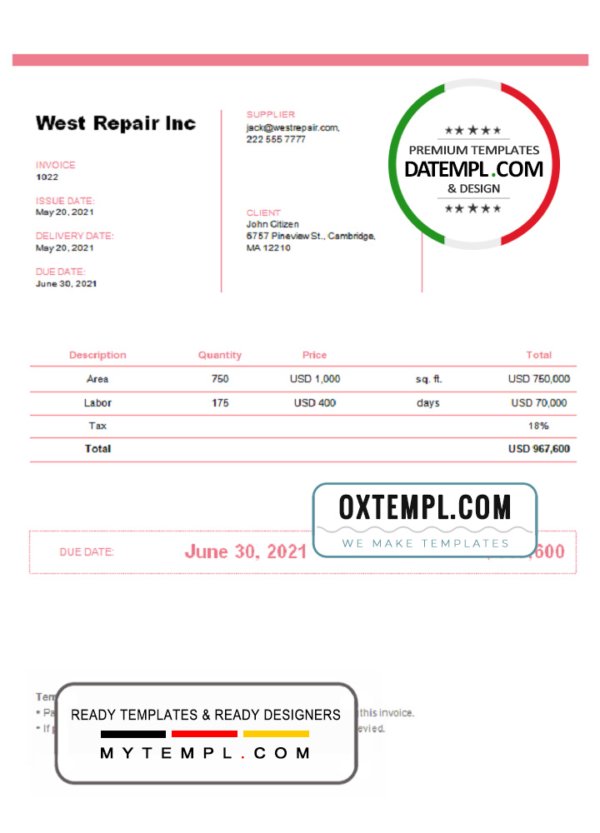 United Kingdom West Repair Inc invoice template in Word and PDF format, fully editable