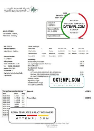 Palestine Electric Company (PEC) utility bill template in Word and PDF format