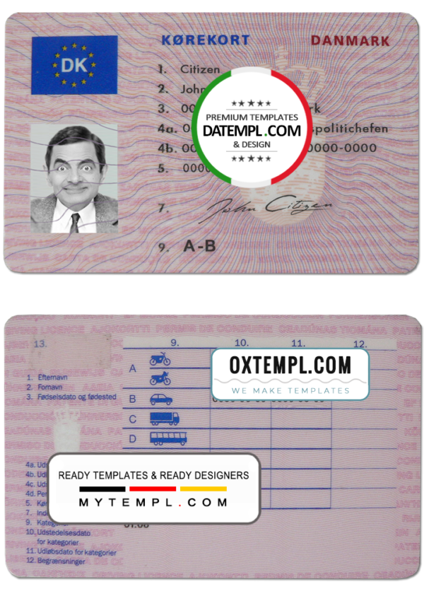 Denmark driving license template in PSD format, fully editable (1997 – 2013)