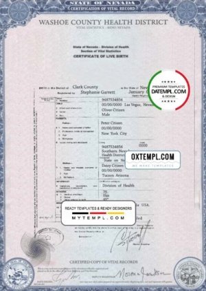 USA Nevada state birth certificate template in PSD format, fully editable