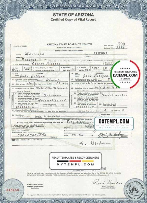 USA Arizona state birth certificate template in PSD format, fully editable