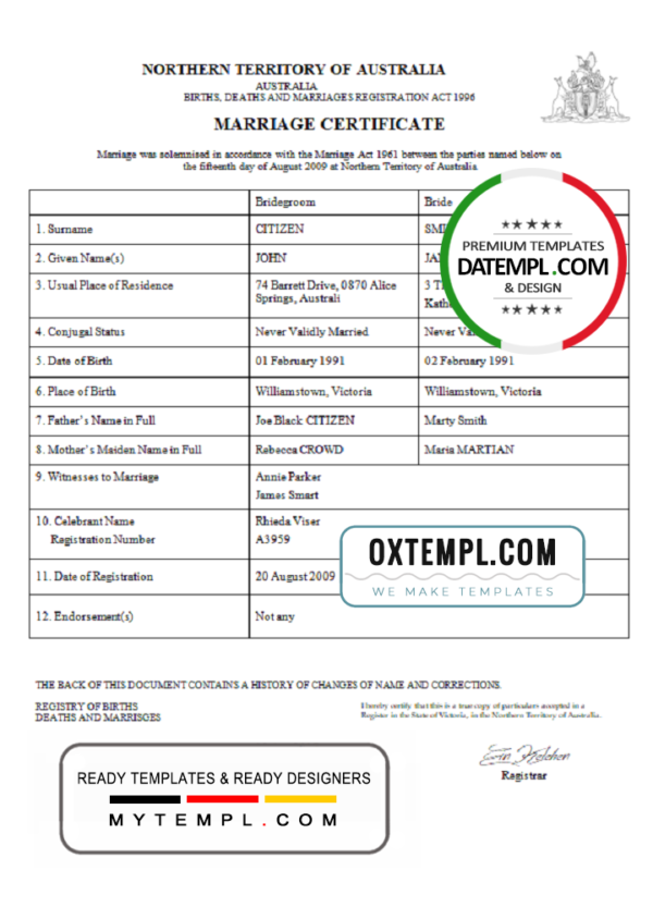 Australia Northern Territory of Australia marriage certificate template in Word format