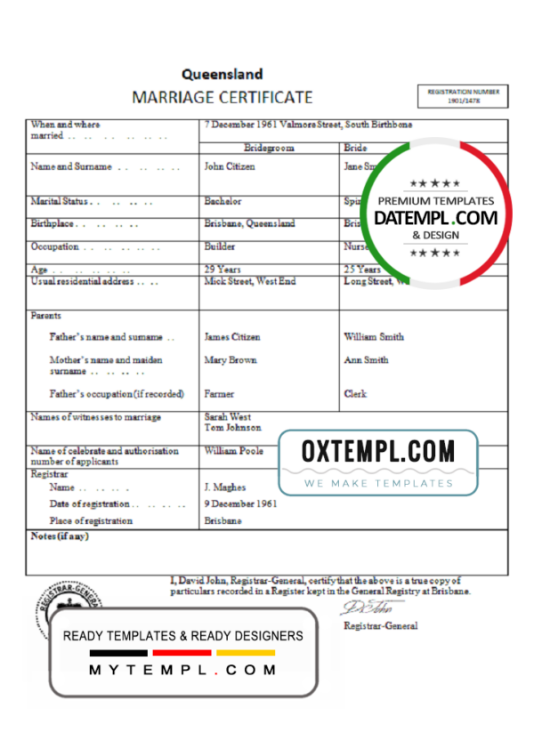 Australia Queensland marriage certificate template in Word format