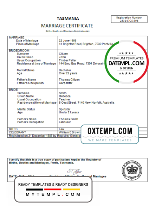 Australia Tasmania marriage certificate template in Word format