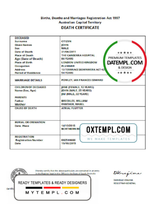 Australia Australian Capital Territory death certificate template in Word format