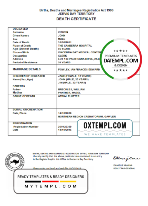 Australia Jervis Bay Territory death certificate template in Word format