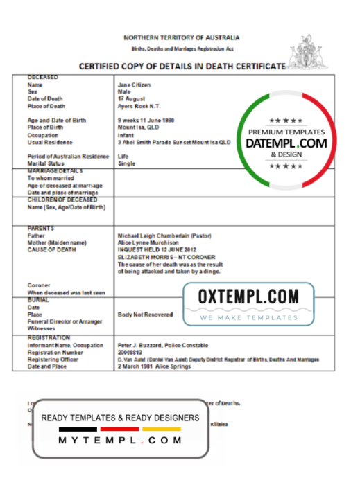 Australia Northern Territory of Australia death certificate template in Word format