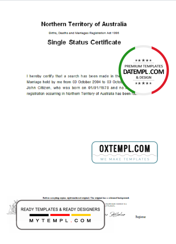 Australia Northern Territory of Australia divorce certificate template in Word format