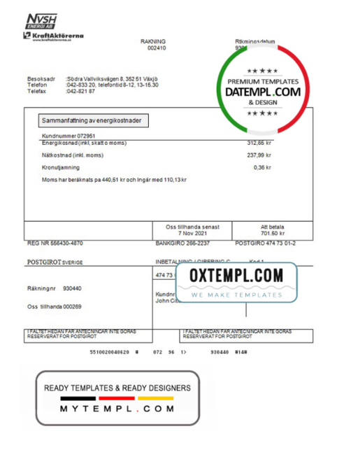 Sweden NVSH Energi utility bill template in Word and PDF format