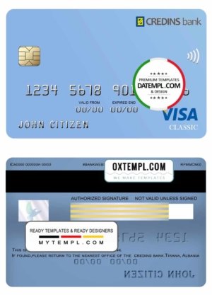Albania Credins bank visa debit card template in PSD format, fully editable
