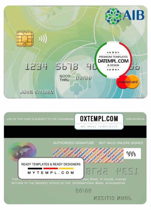 Afghanistan International Bank mastercard template in PSD format, fully editable