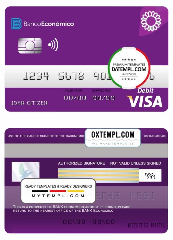 Angola Bank Economio visa debit card template in PSD format