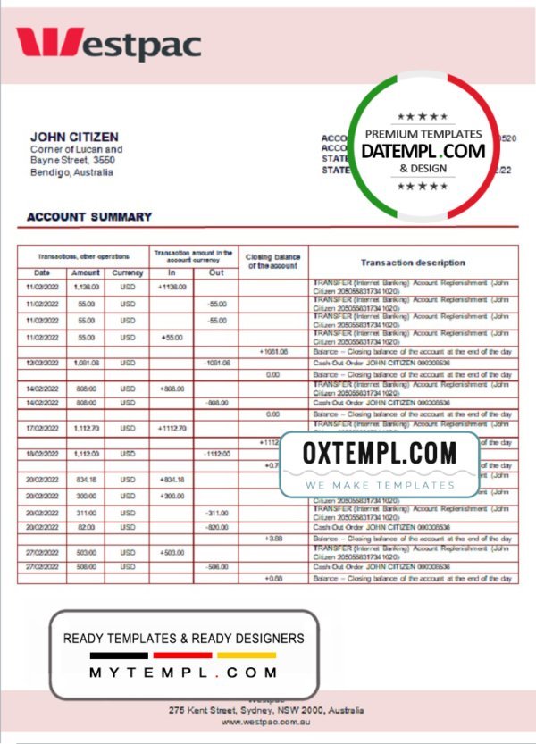 Australia Westpac bank statement template in Word and PDF format