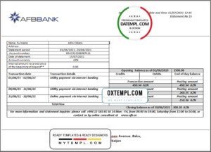 Azerbaijan AFB bank statement template in Word and PDF format, fully editable
