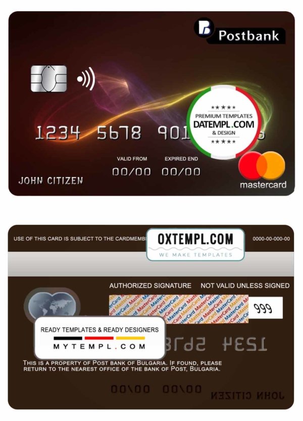 Bulgaria Post Bank mastercard credit card template in PSD format, fully editable