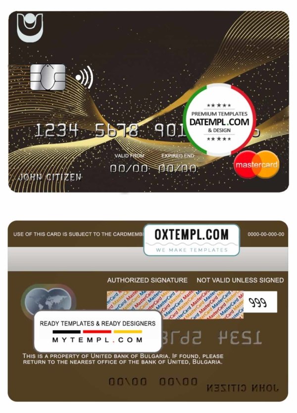 Bulgaria United Bank mastercard credit card template in PSD format, fully editable