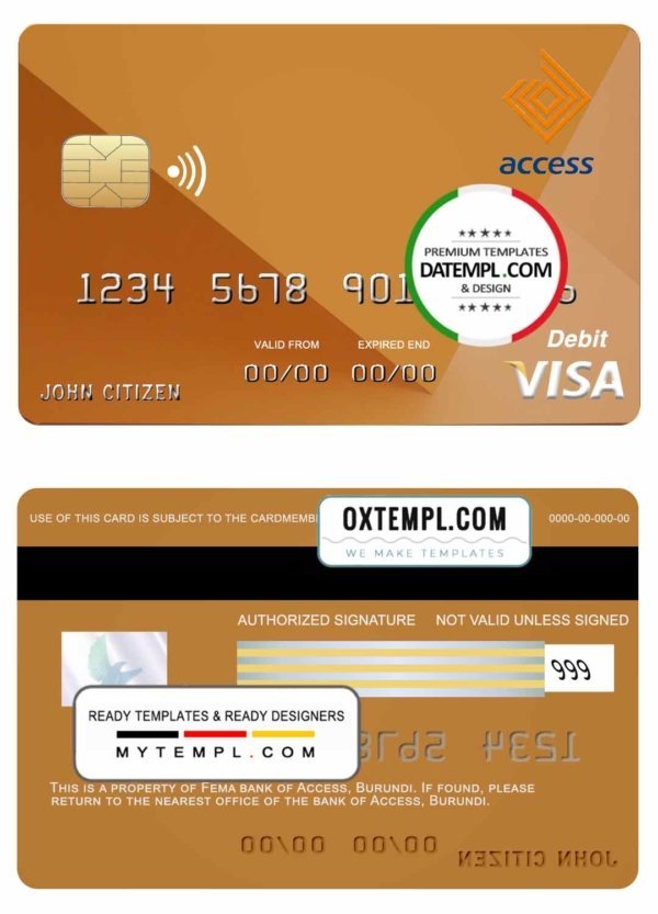 Burundi Access bank visa credit card template in PSD format, fully editable