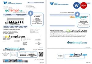 Hong Kong Water Supplies Department utility bill template in Word and PDF format, 2 pages