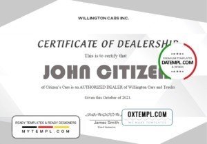 USA Dealership Completion certificate template in Word and PDF format