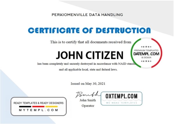 USA Destruction certificate template in Word and PDF format