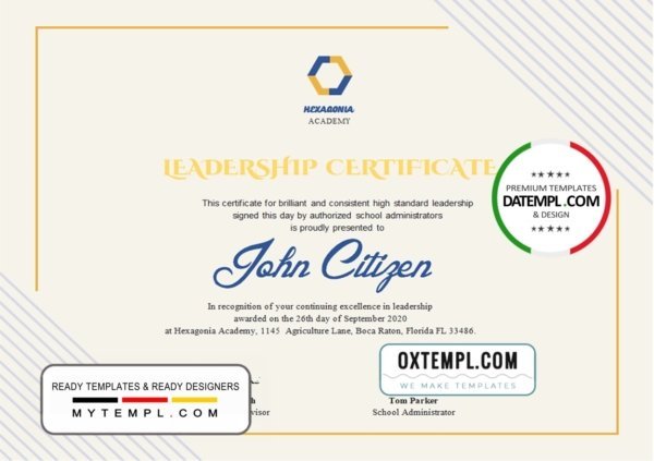 USA Leadership certificate template in Word and PDF format