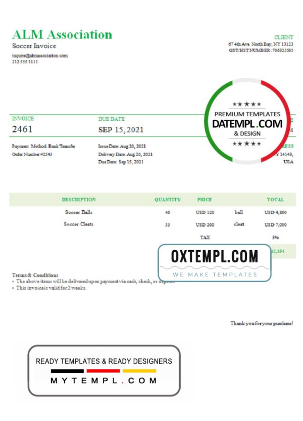 USA ALM Association invoice template in Word and PDF format, fully editable