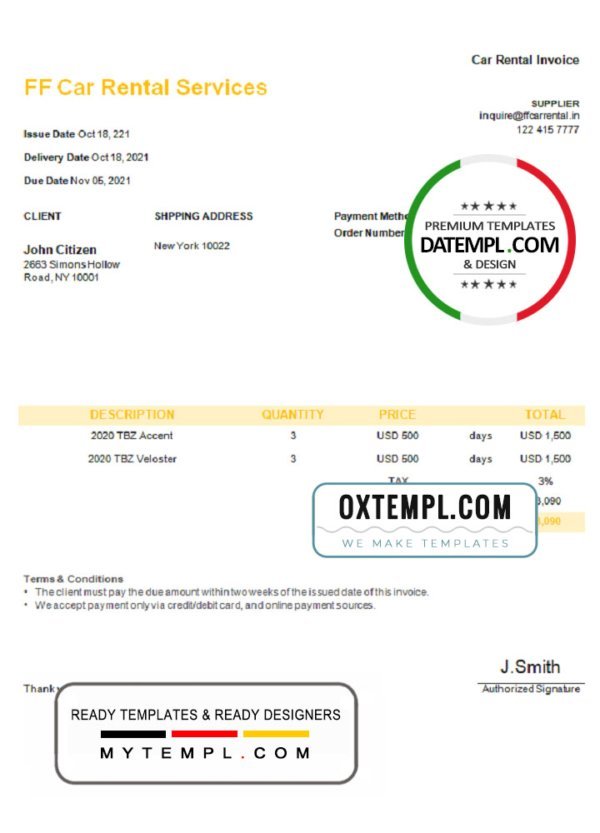 USA FF Car Rental Services invoice template in Word and PDF format, fully editable