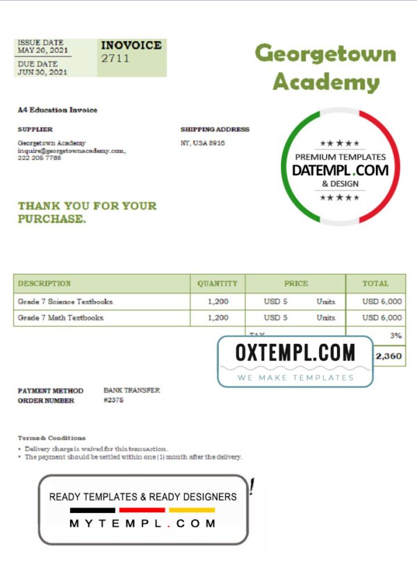 USA Georgetown Academy invoice template in Word and PDF format, fully editable