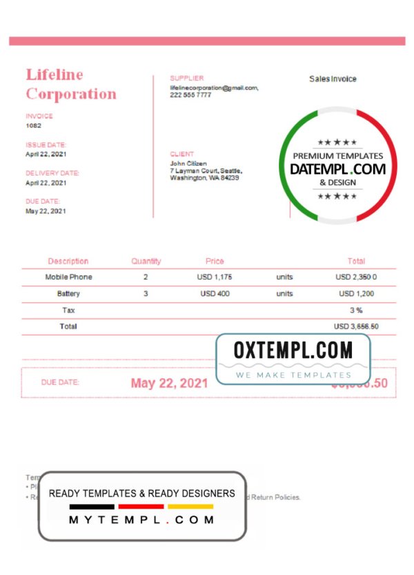 USA Lifeline Corporation invoice template in Word and PDF format, fully editable, version 2