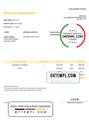 USA Mathew Autostation invoice template in Word and PDF format, fully editable