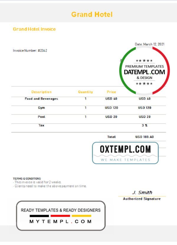 USA Grand Hotel invoice template in Word and PDF format, fully editable