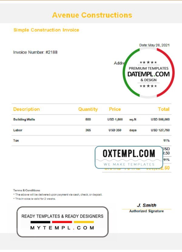 USA Avenue Constructions invoice template in Word and PDF format, fully editable