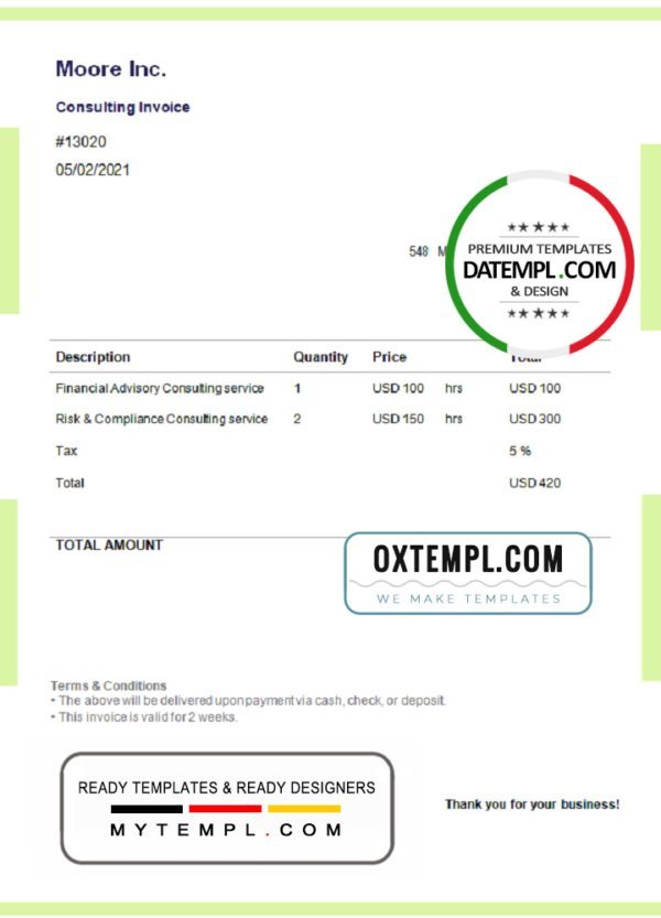 USA Moore Inc. invoice template in Word and PDF format, fully editable