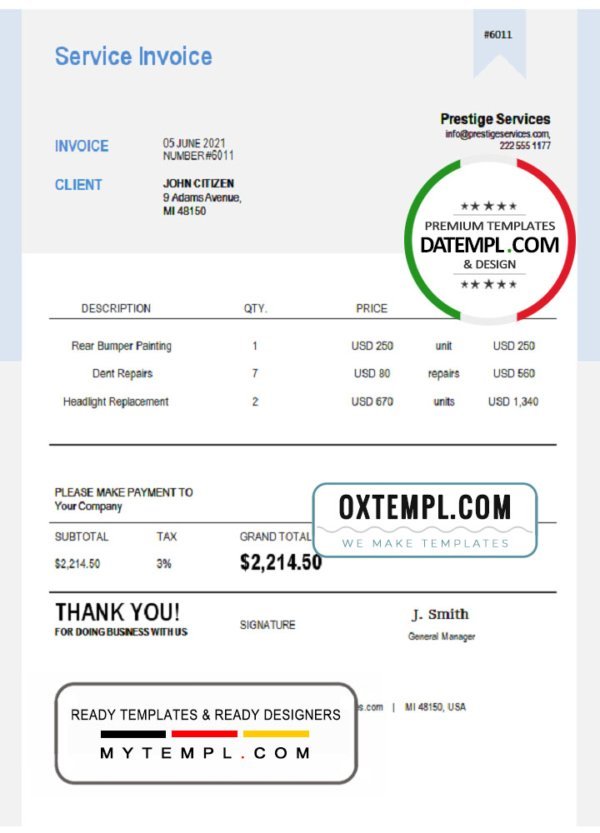 USA Prestige Services invoice template in Word and PDF format, fully editable