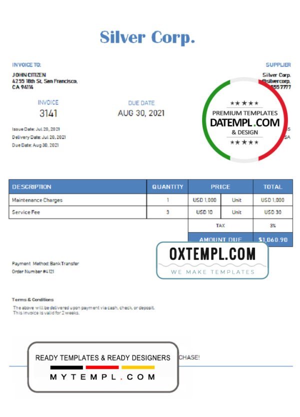 USA Silver Corp. invoice template in Word and PDF format, fully editable