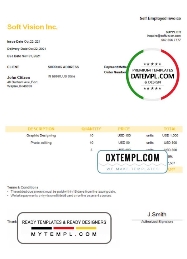 USA Soft Vision Inc. invoice template in Word and PDF format, fully editable