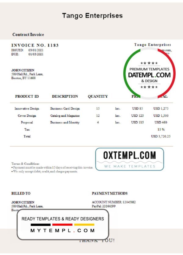 USA Tango Enterprises invoice template in Word and PDF format, fully editable