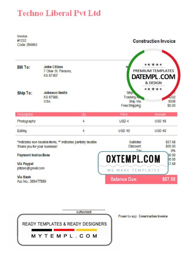 USA Techno Liberal Pvt Ltd invoice template in Word and PDF format, fully editable