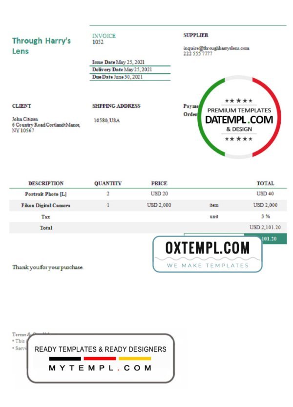 USA Through Harry’s Lens invoice template in Word and PDF format, fully editable