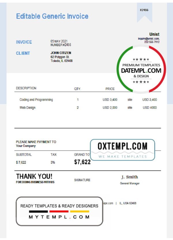 USA Unist invoice template in Word and PDF format, fully editable