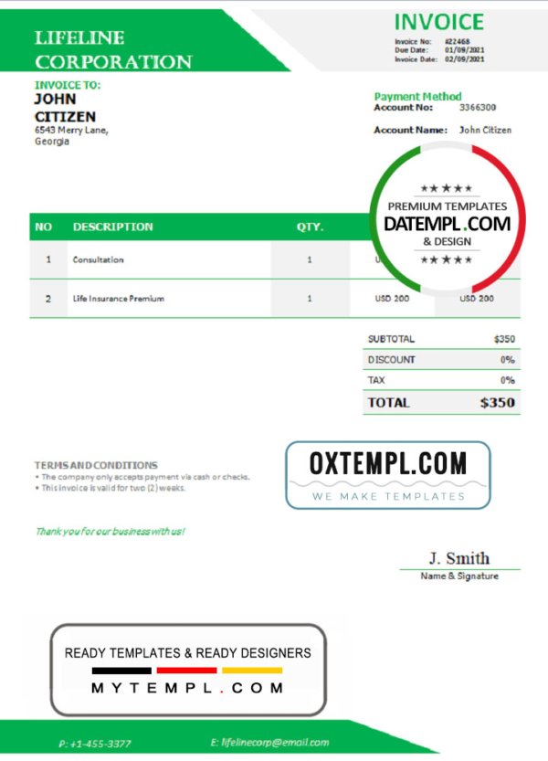 Georgia Lifeline Corporation invoice template in Word and PDF format, fully editable