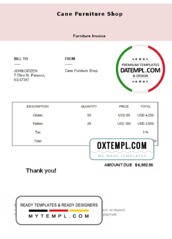 USA Cane Furniture Shop invoice template in Word and PDF format, fully editable