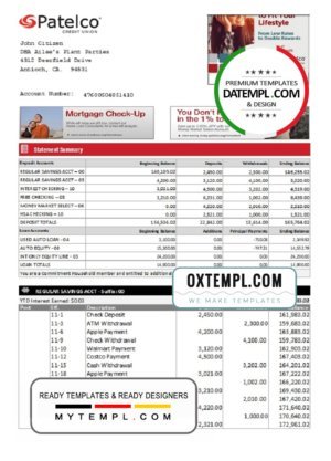 USA California Patelco Credit Union bank statement template in Excel and PDF format