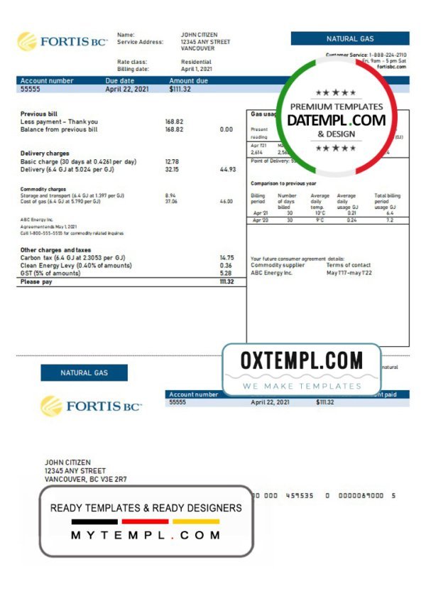 Canada British Columbia FortisBC utility bill template in Word and PDF format