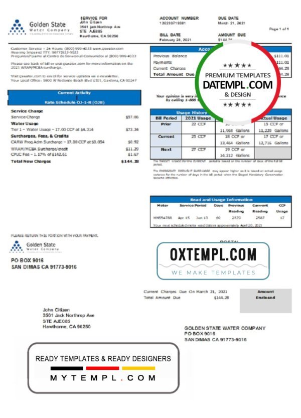 USA California Golden State Water Company utility bill template in .doc and .pdf format