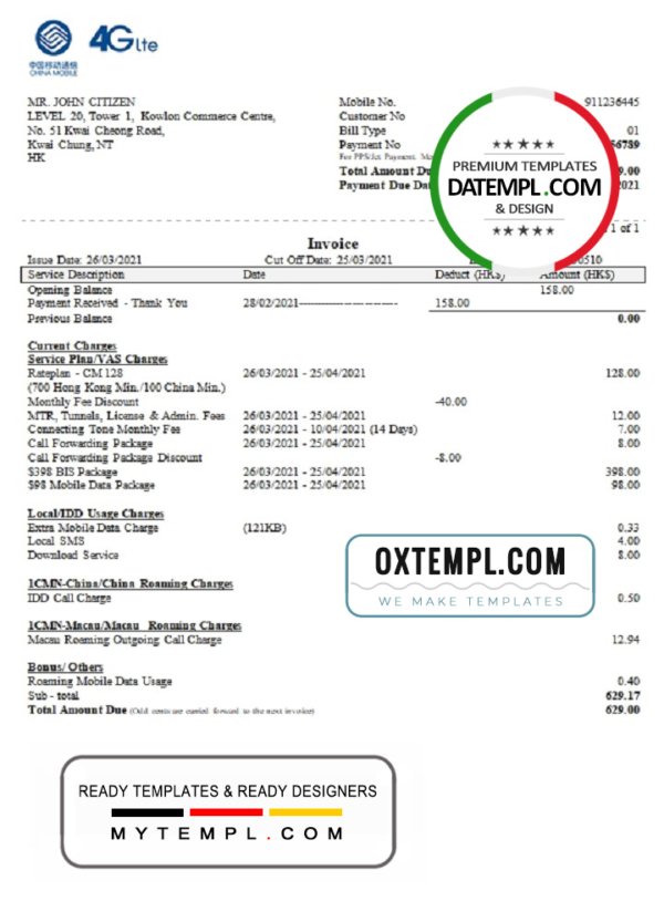 China Mobile Limited payment invoice template in .doc and .pdf format, fully editable