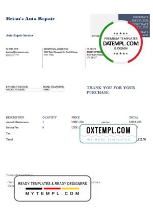 USA Brian’s Auto Repair invoice template in Word and PDF format, fully editable