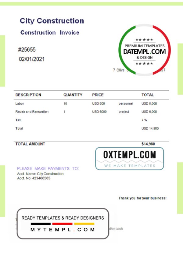 USA City Construction invoice template in Word and PDF format, fully editable