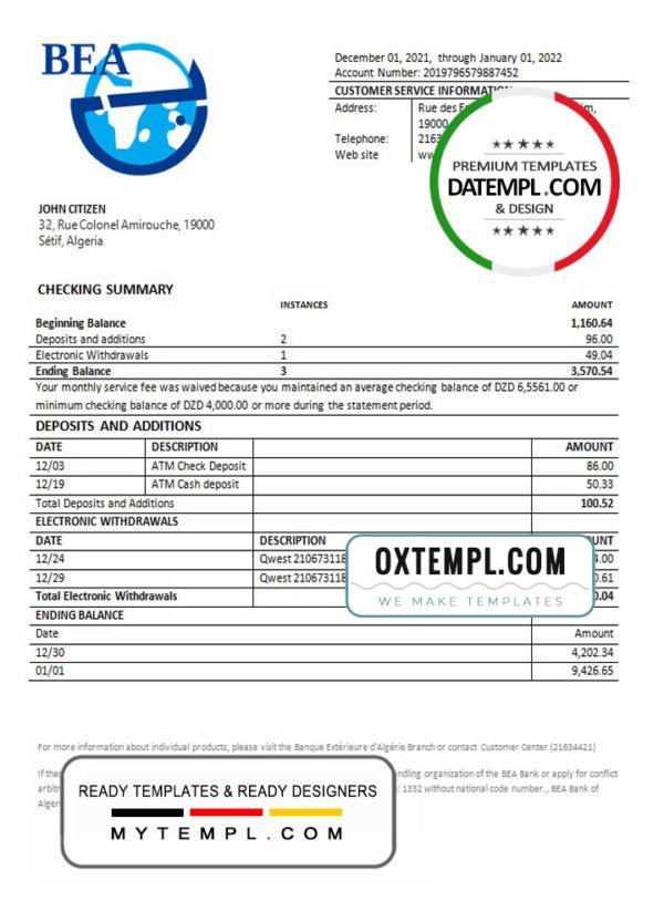 Algeria Banque extérieure d’Algérie bank statement template in Word and PDF format